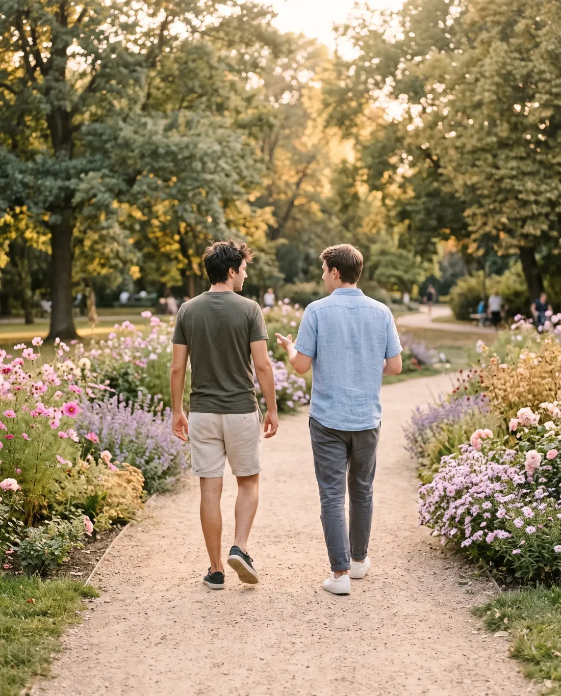 Zwei Männer die zusammen durch einen Park mit Blumenwiese spazieren.
